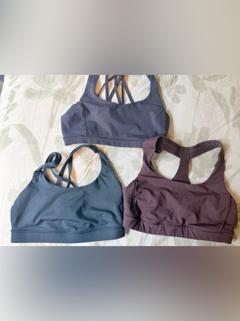 Lot Of 3 Lululemon Sports Bra Size Strappy - Slate Blue, Dark Gray, Plum. Medium